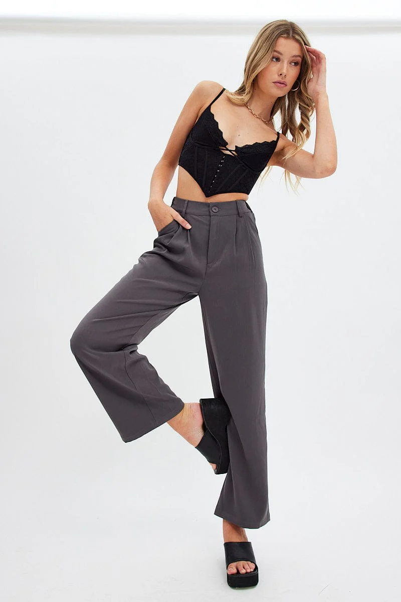 Grey Wide Leg Pants High Rise