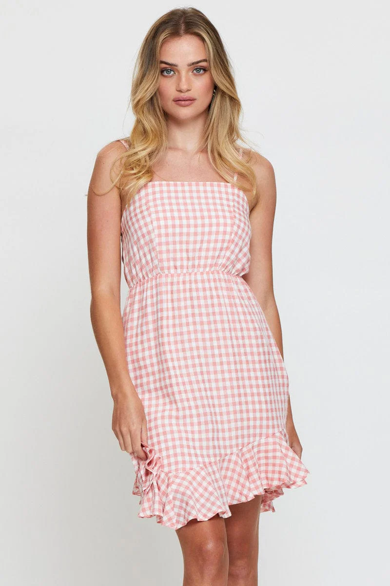 Check Mini Dress Sleeveless Square Neck