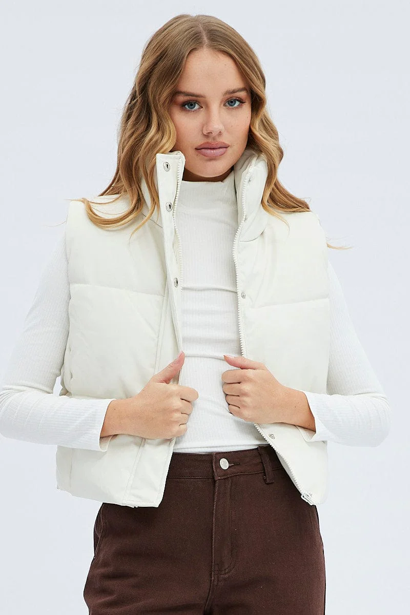 White Puffer Zip Sleeveless  Faux Leather