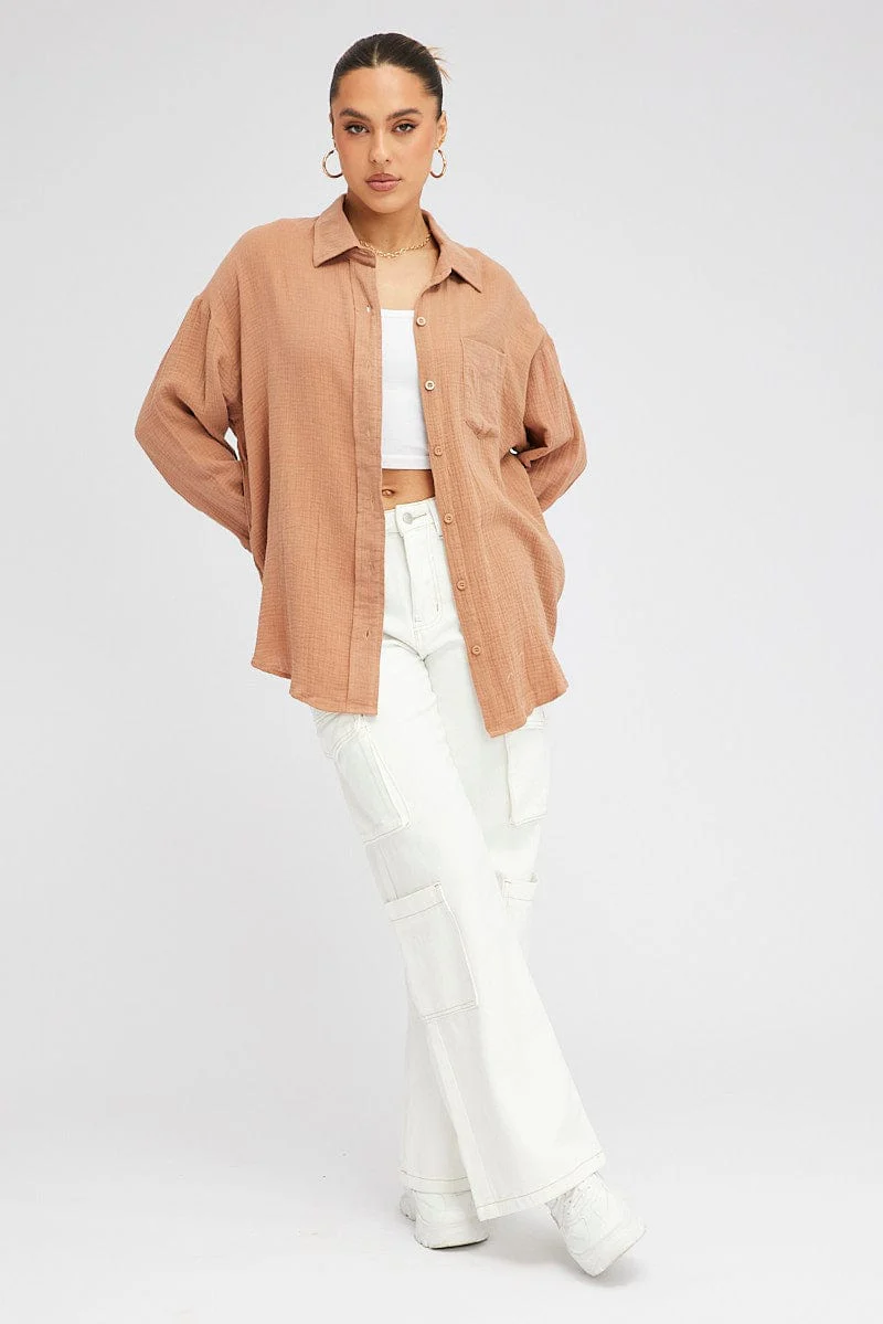 Brown Oversized Shirt Long sleeve Collared Neck