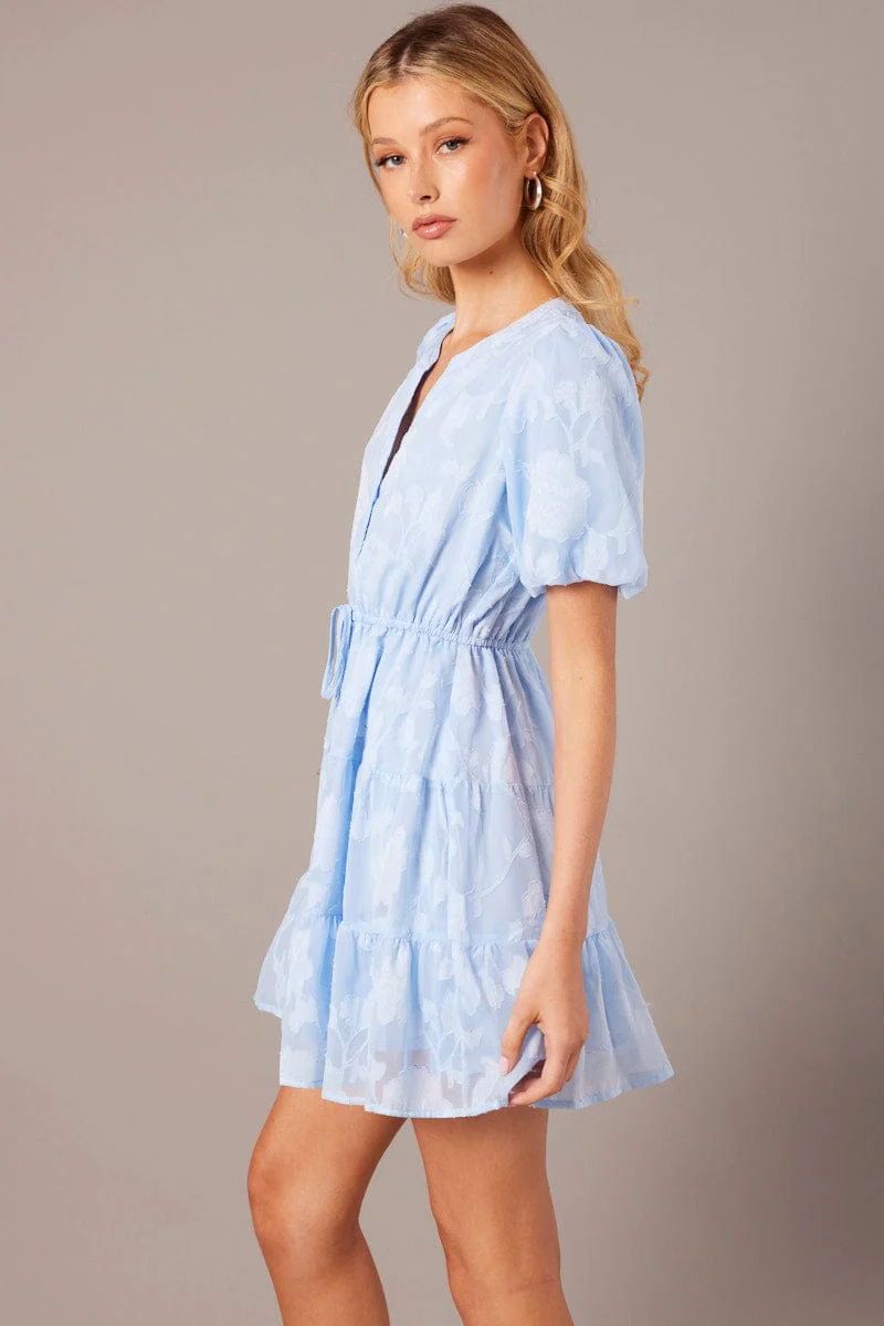 Blue Fit And Flare Dress Puff Sleeve Burnout Fabric
