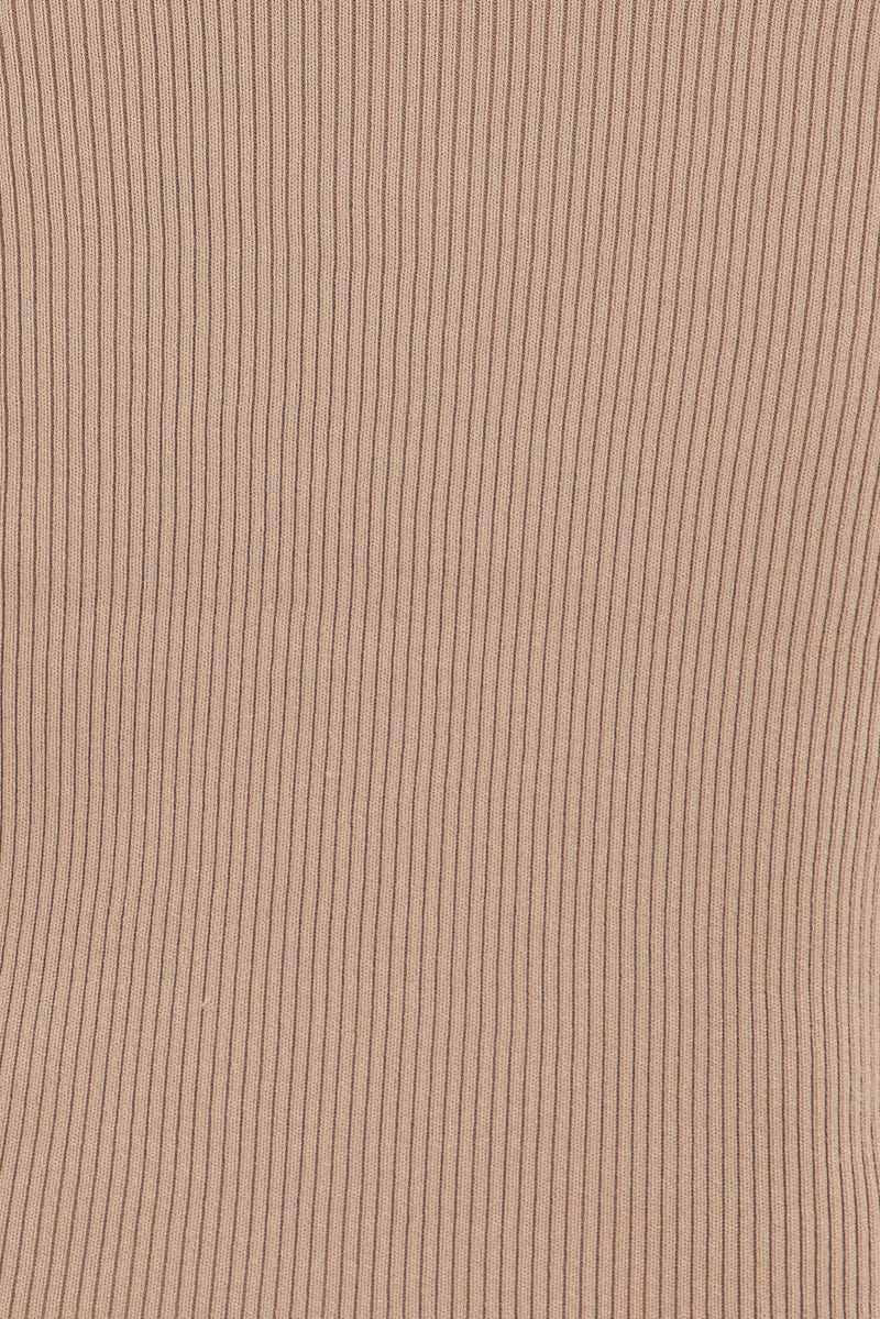 Brown Knit Dress Midi Square Neck Contrast Binding