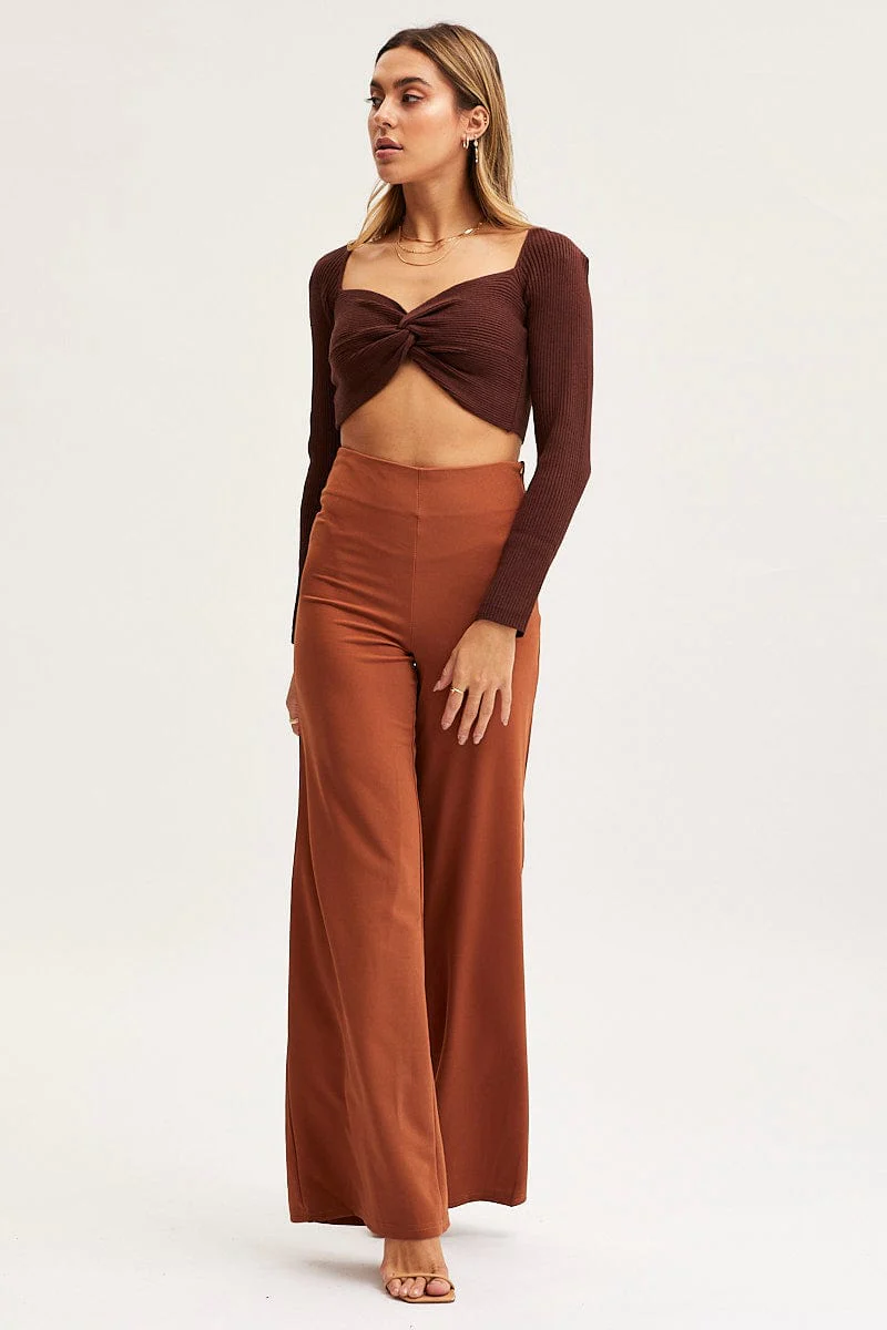 Brown Knit Top Long Sleeve Crop Cross Over