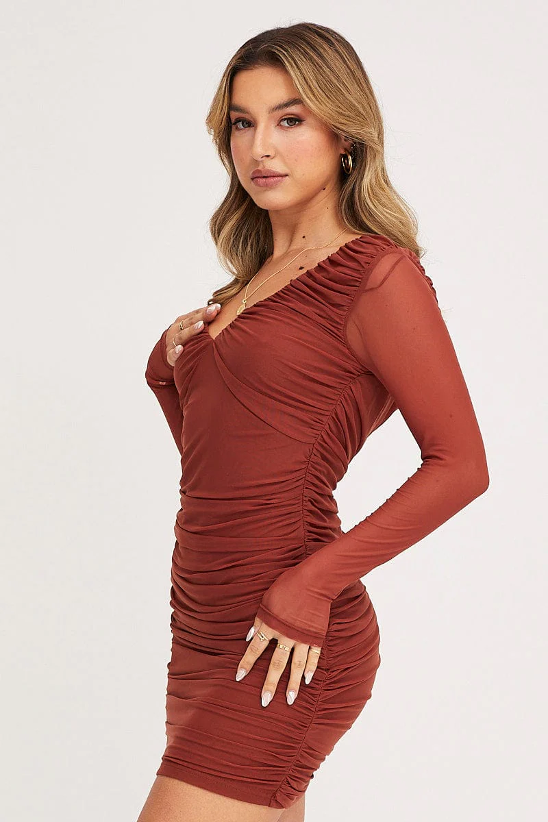 Brown Mini Dress Long Sleeve Evening Mesh