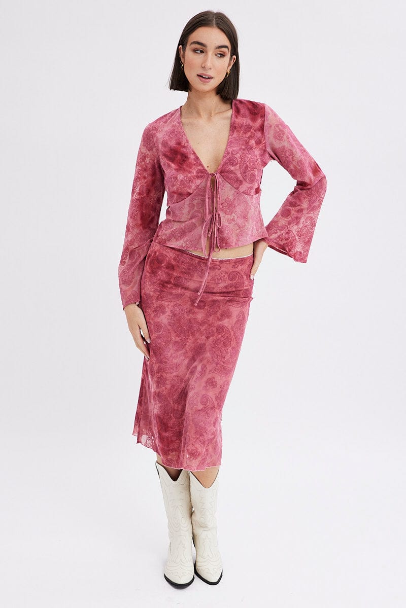 Red Paisley Midi Skirt High Rise Fit & Flare Mesh Lined