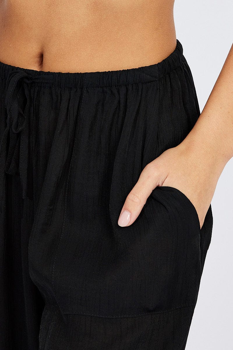 Black Wide Leg Pants Textured Fabric