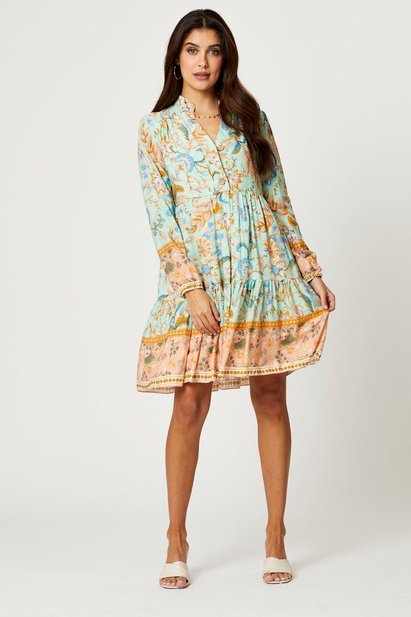 Boho Print Button Front Skater Dress