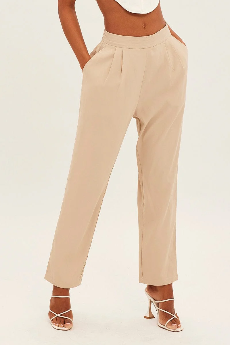 Beige Bone Pleated Waistband Detail Tailored Pant