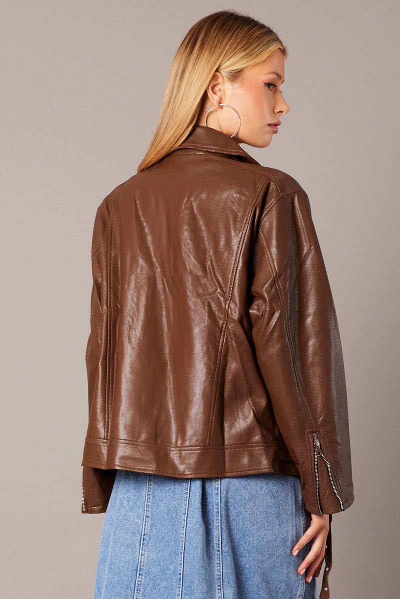 Brown Jacket Long Sleeve Collared Faux Leather