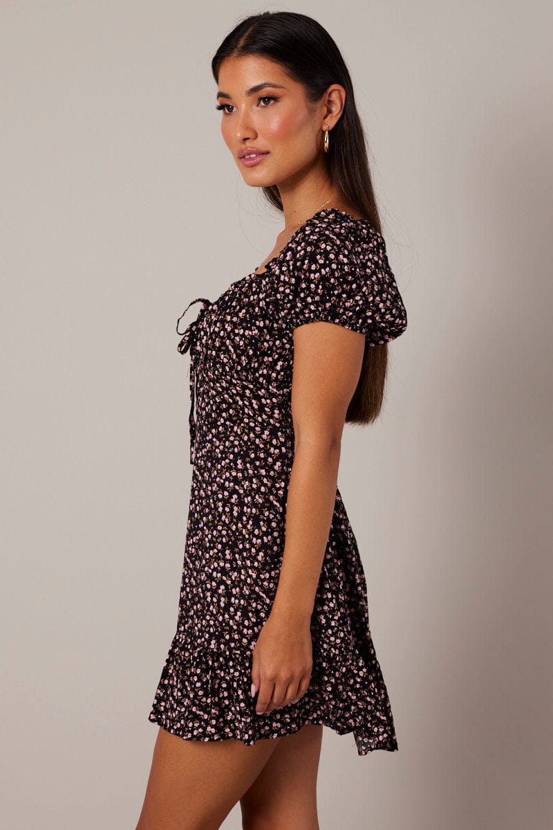 Black Ditsy Fit and Flare Dress Short Sleeve Lace Up Front