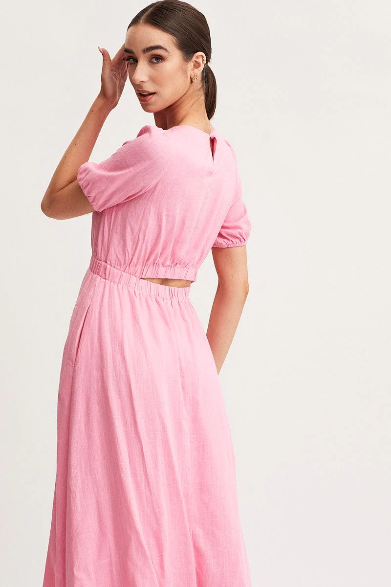 Pink Linen Blend Midi Dress