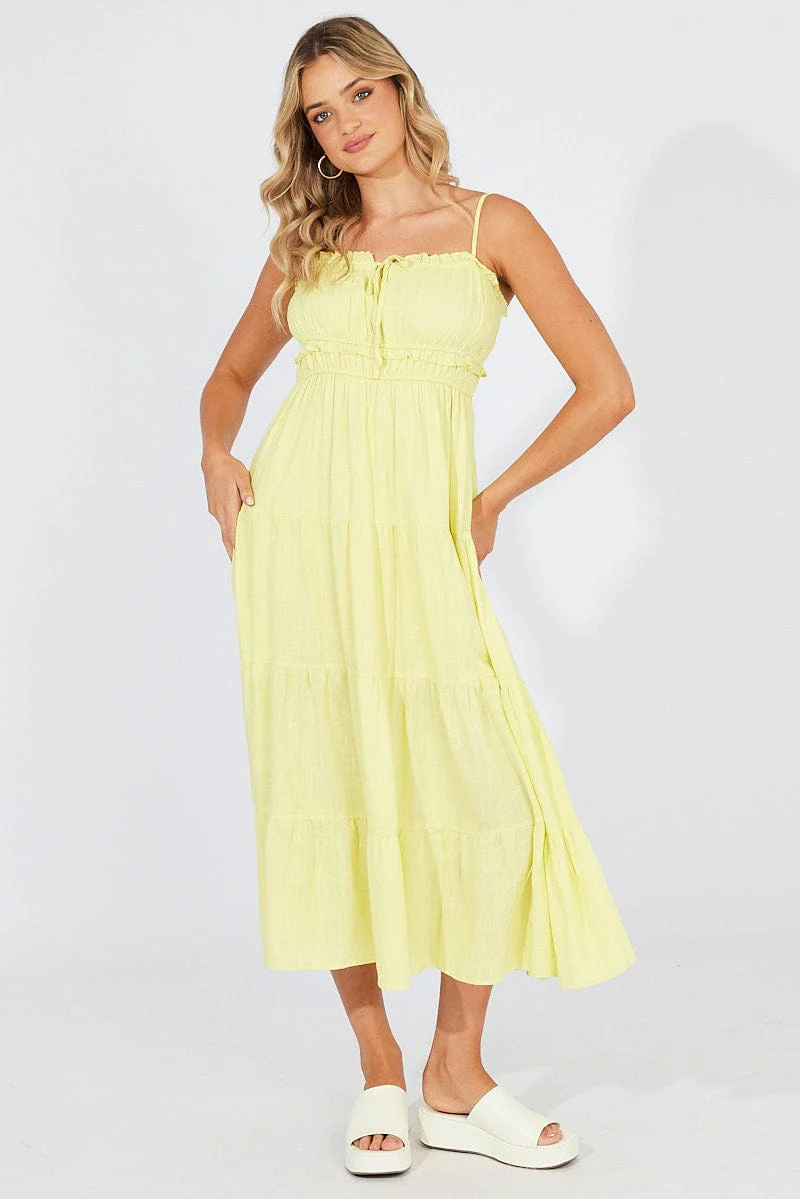 Yellow Midi Dress Sleeveless Ruched Bust Tiered