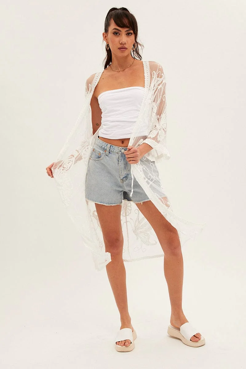 White Tie Front Embroidered Kimono
