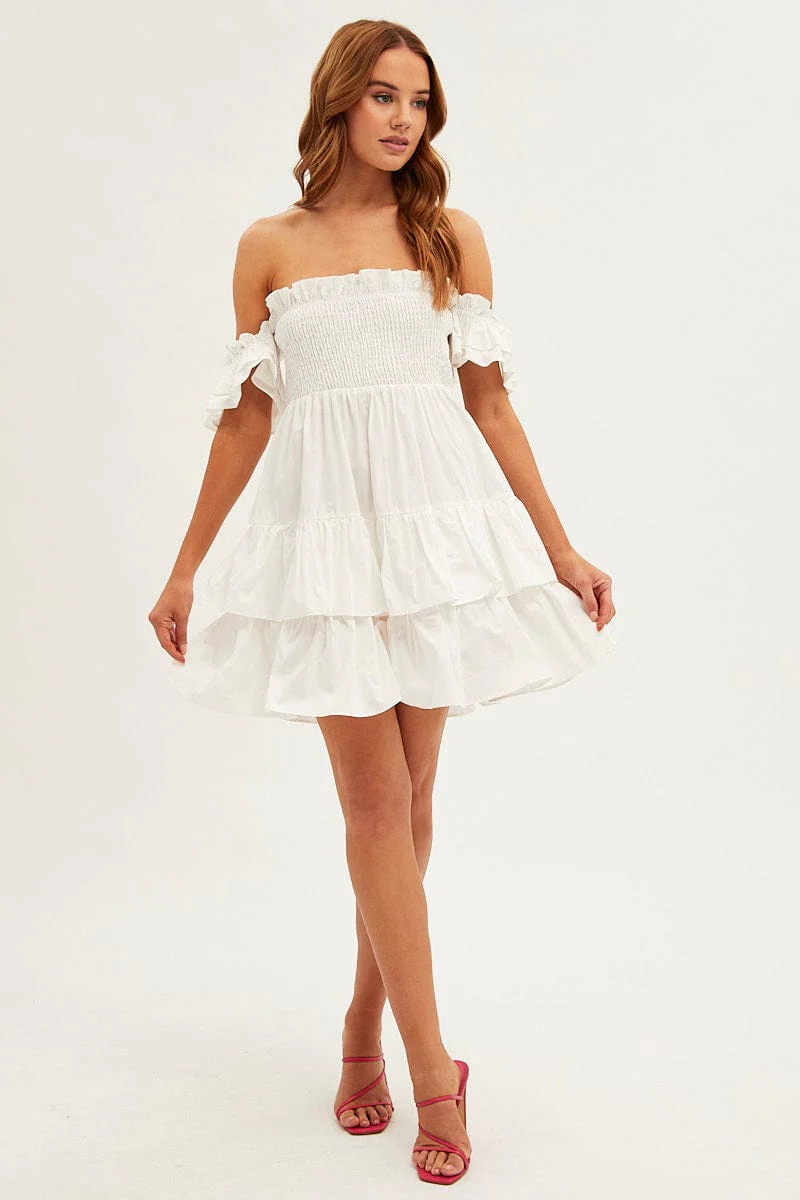 White Off Shoulder Dress Tiered Ruched Bodice