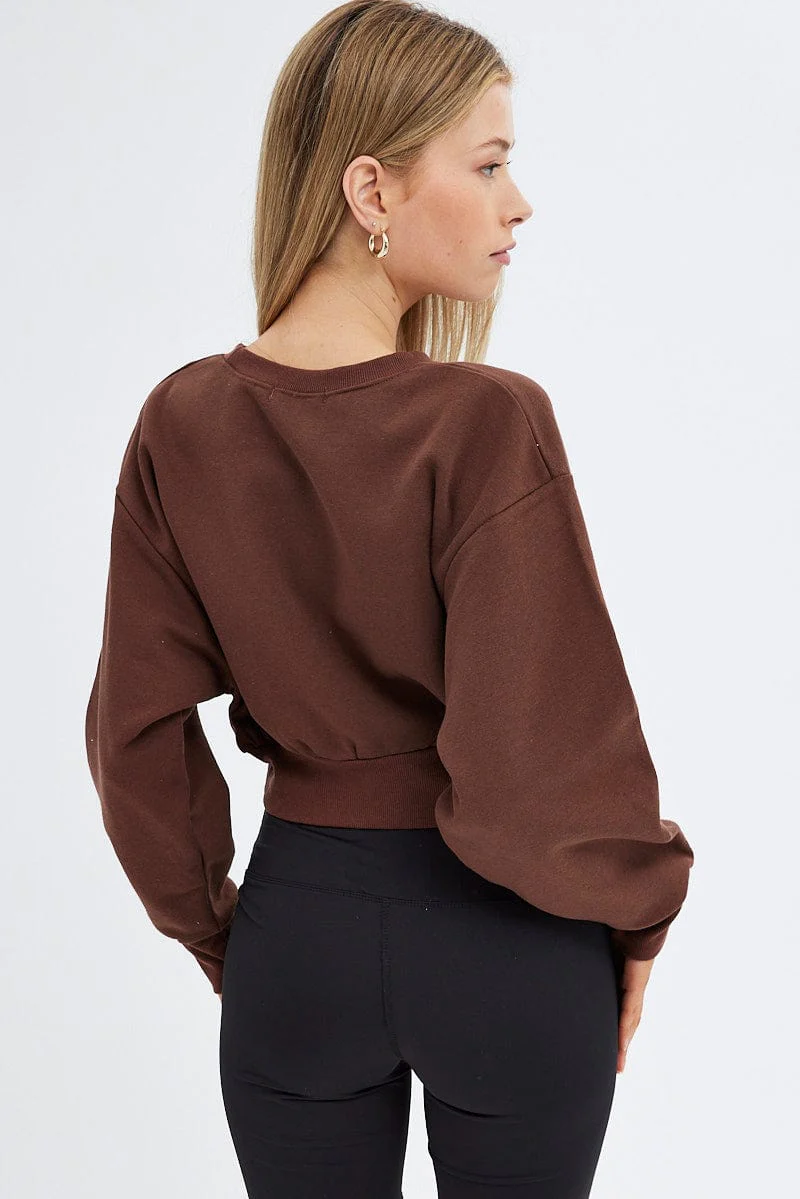 Brown Sweater Round Neck Long Sleeve Embroidery