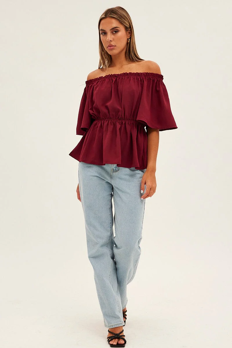Red Top Short Sleeve Off Shoulder Longline Flutter