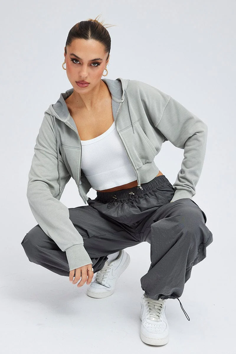 Grey Parachute Cargo Pants Low Rise