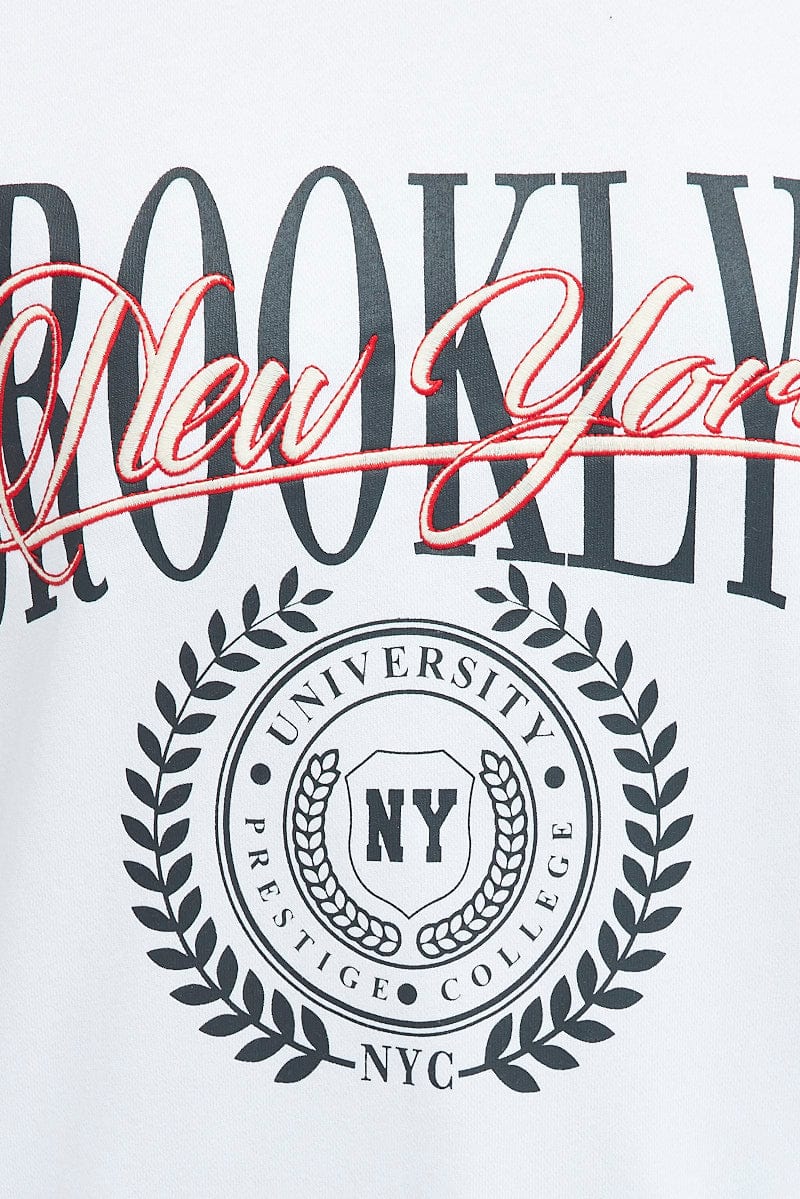 White Sweat Shirt Long Sleeve Crew Neck Brooklyn