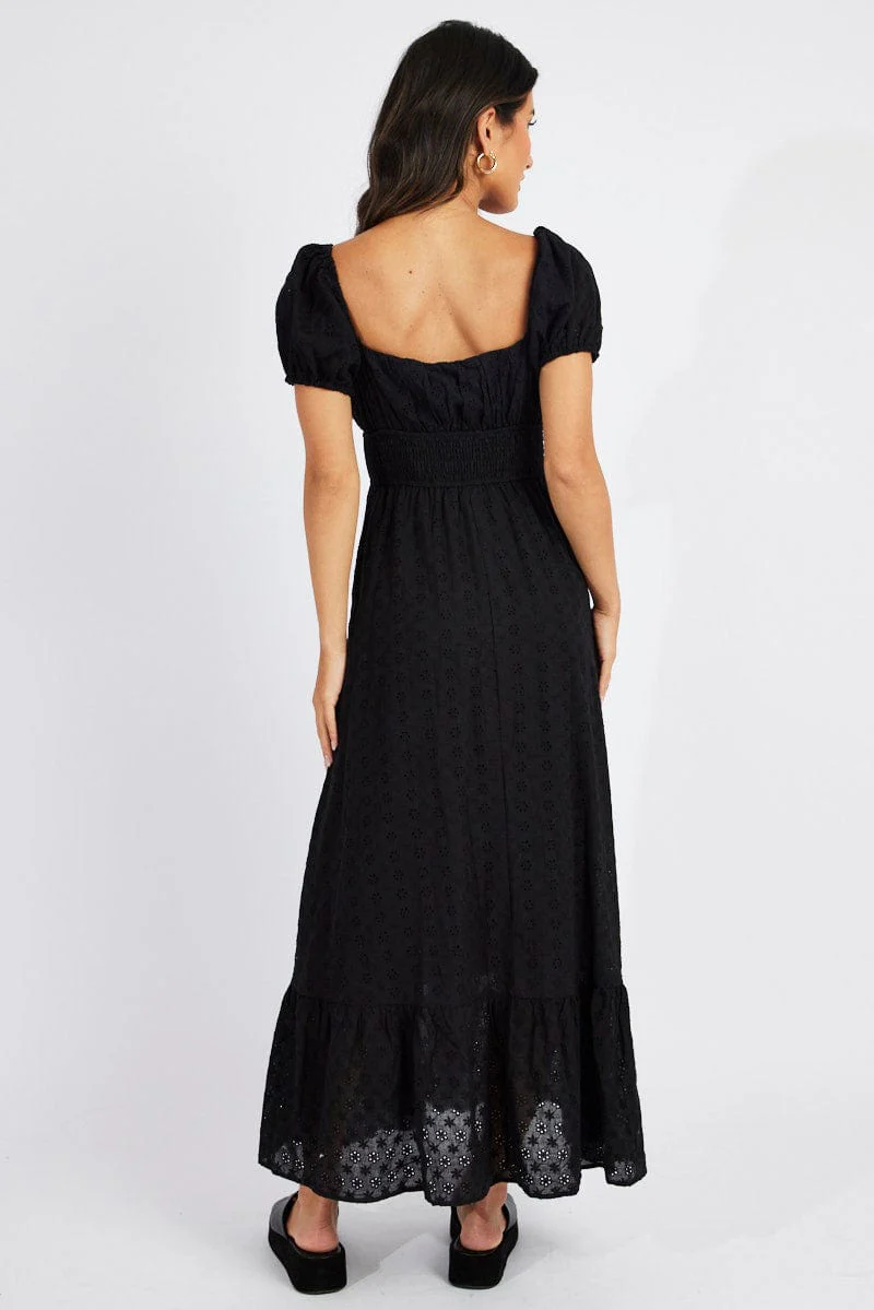 Black Maxi Dress Puff Sleeve Eyelet