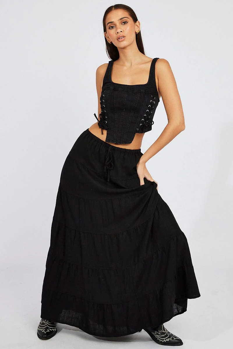 Black Maxi Skirt Tiered High Rise Linen Blend