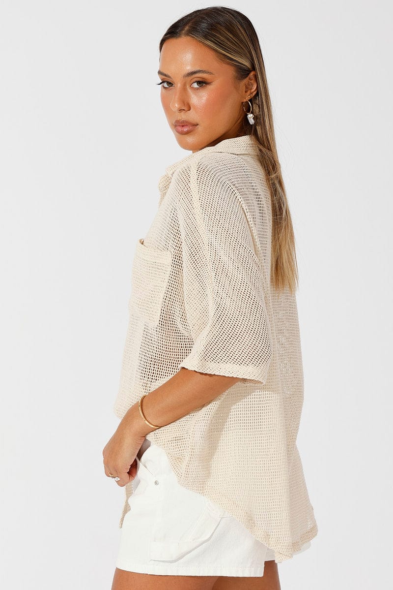 Beige Shirt Short Sleeve Collared Neck