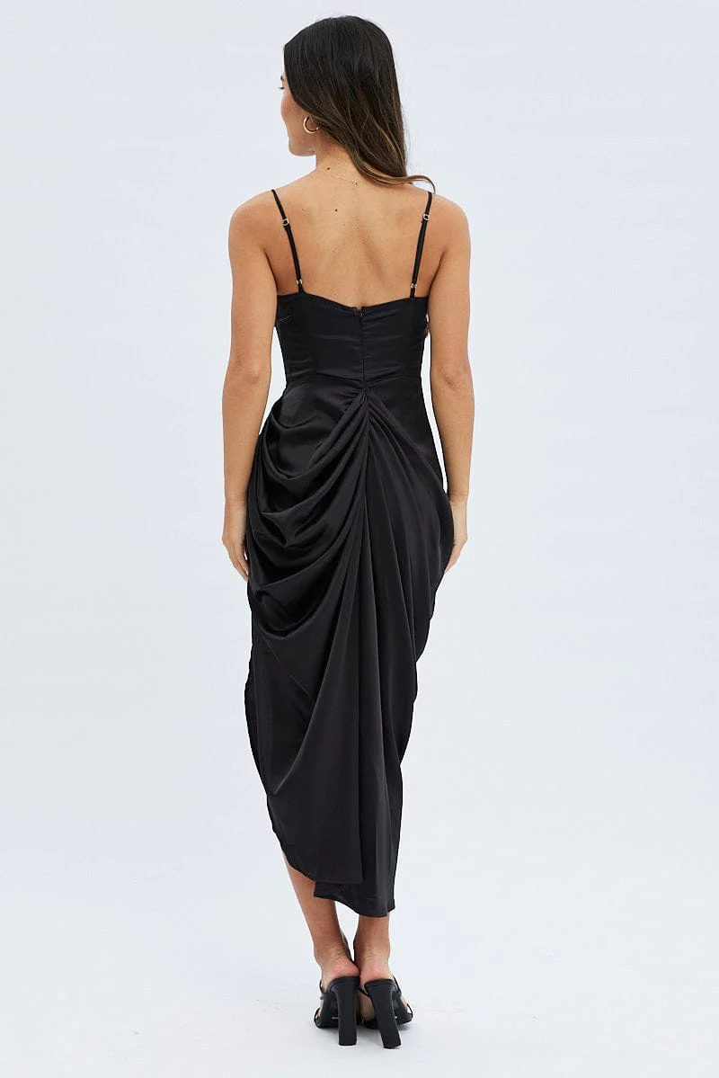 Black Satin Draped Strappy Midi Dress