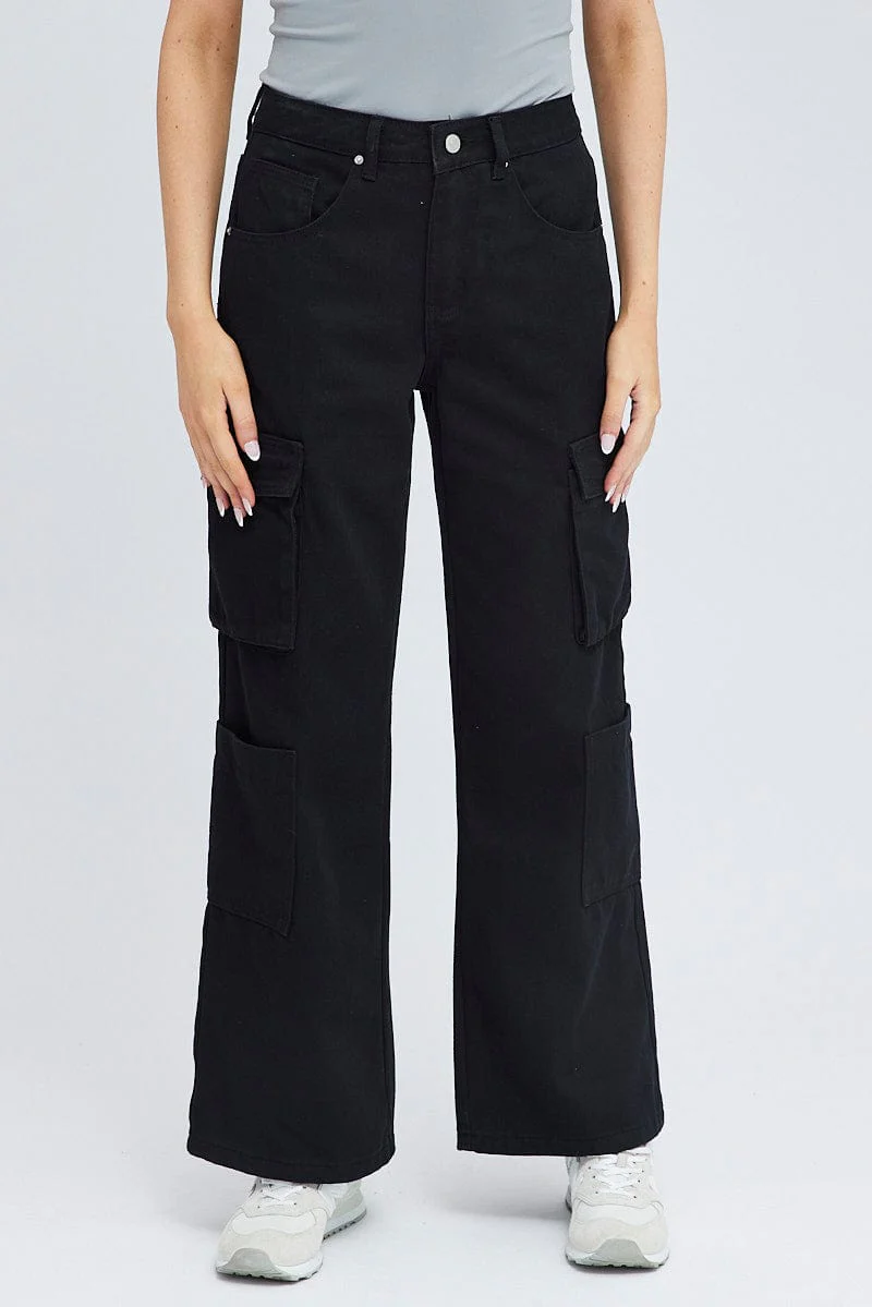 Black Cargo Jean High Rise Multi Pocket