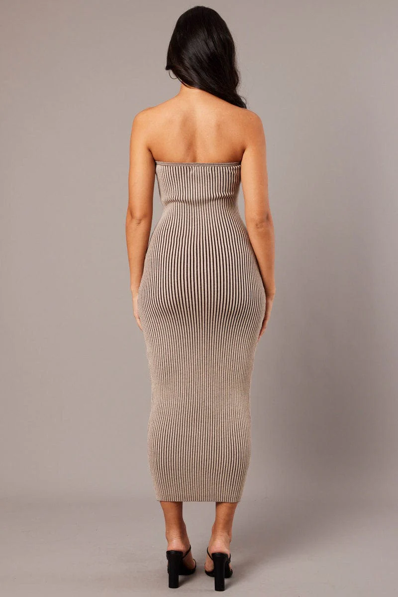 Brown Knit Dress Key Hole Front Bandeau Midi