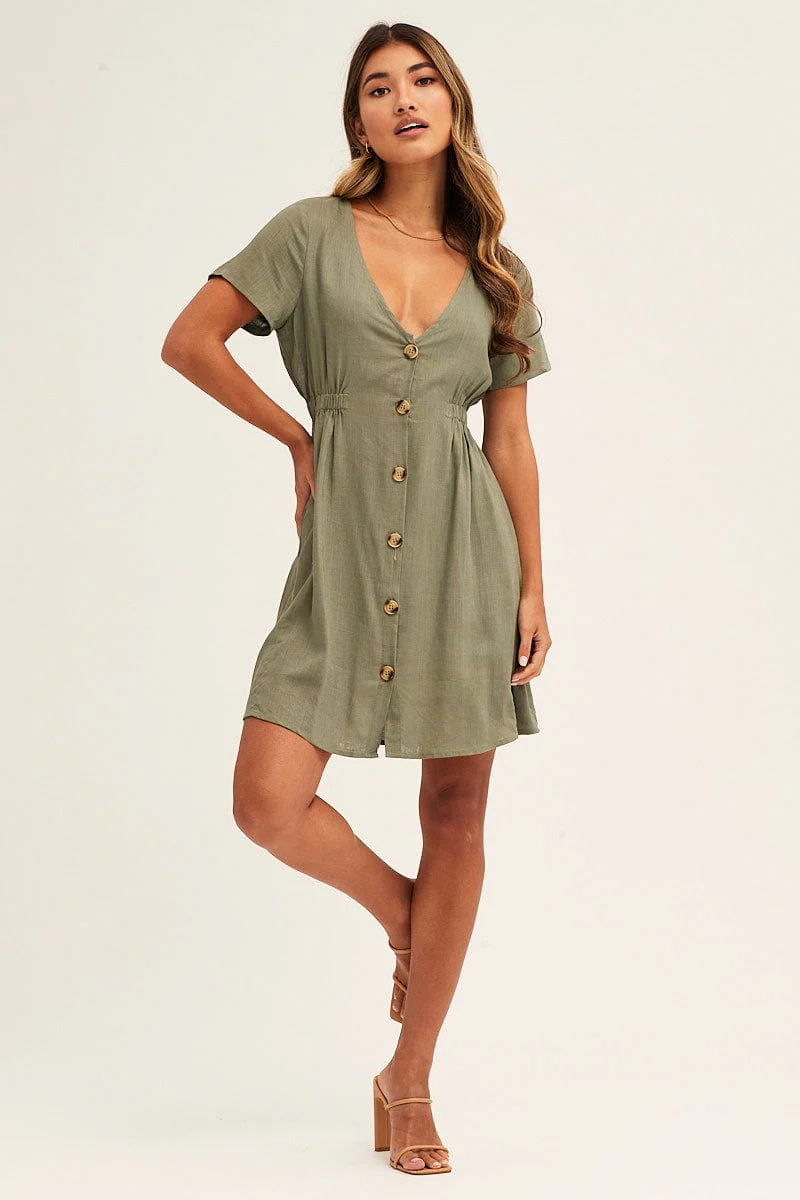 Green A Line Dress Button Front V Neck Short Sleeve
