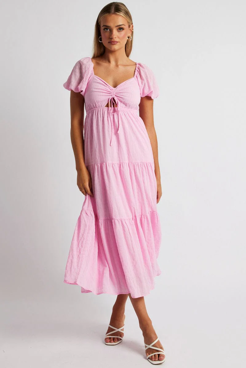 Pink Midi Dress Puff Sleeve Ruch Front