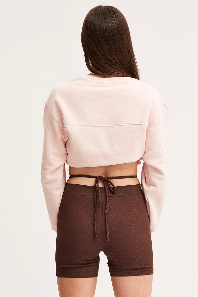 Brown Biker Shorts High Rise Waist Tie