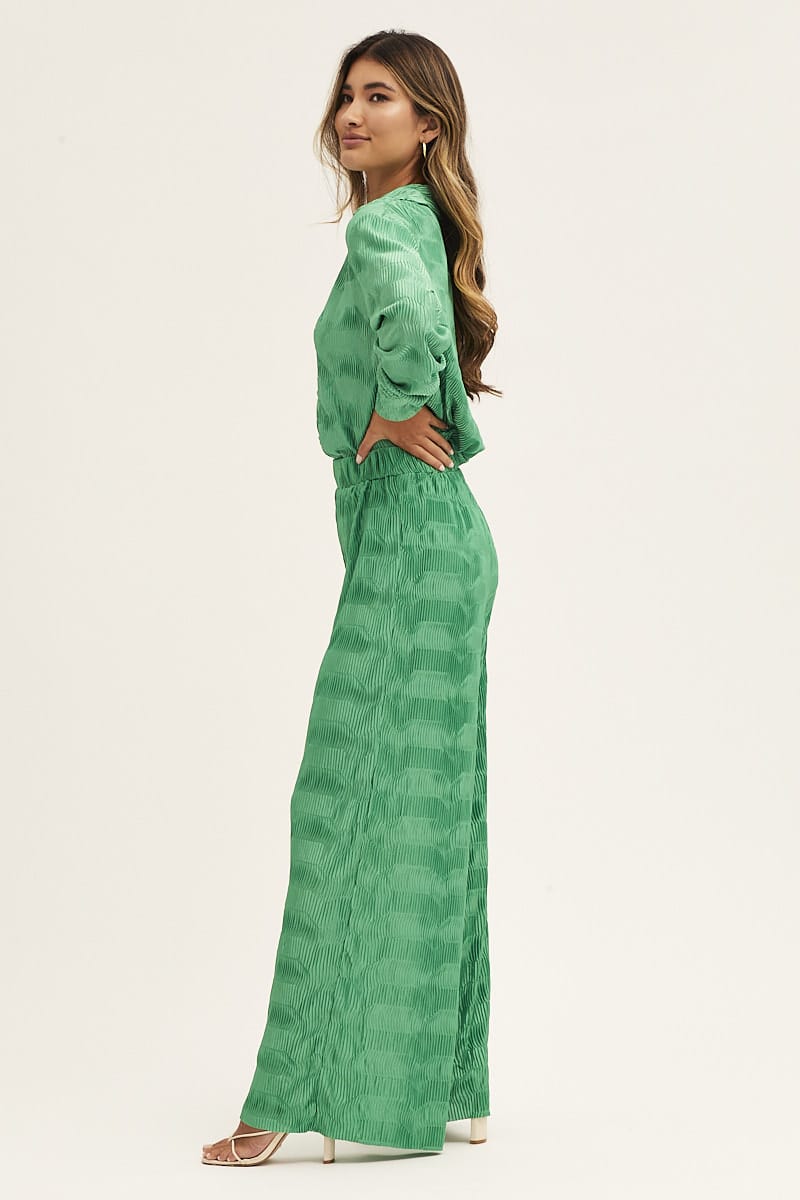 Green Plisse Pants Wide Leg High Rise