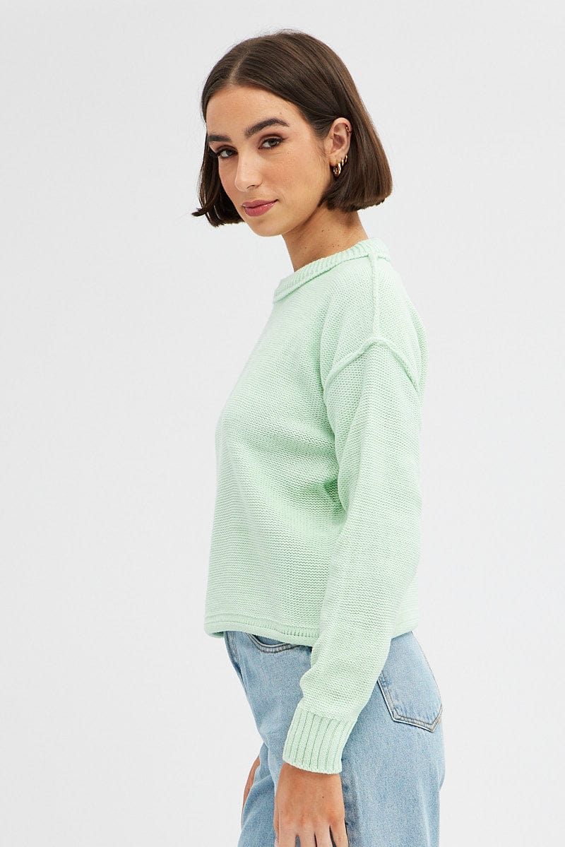 Green Knit Top Long Sleeve Round Neck
