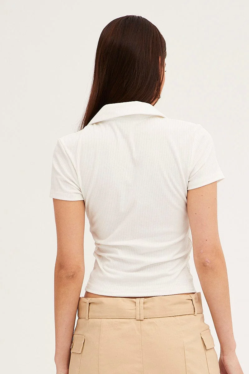 White Collared Top Short Sleeve Button Up Rib Jersey