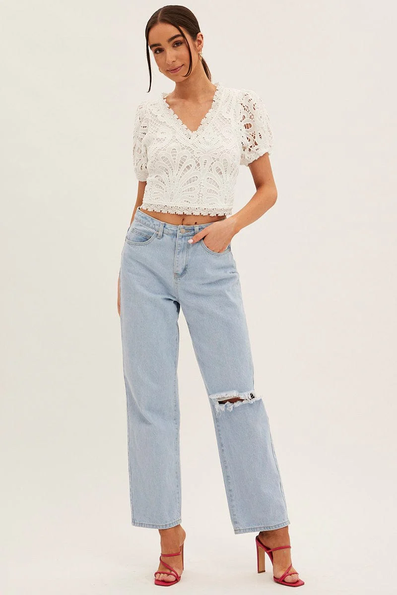 White Lace Top Short Sleeve V Neck Crop