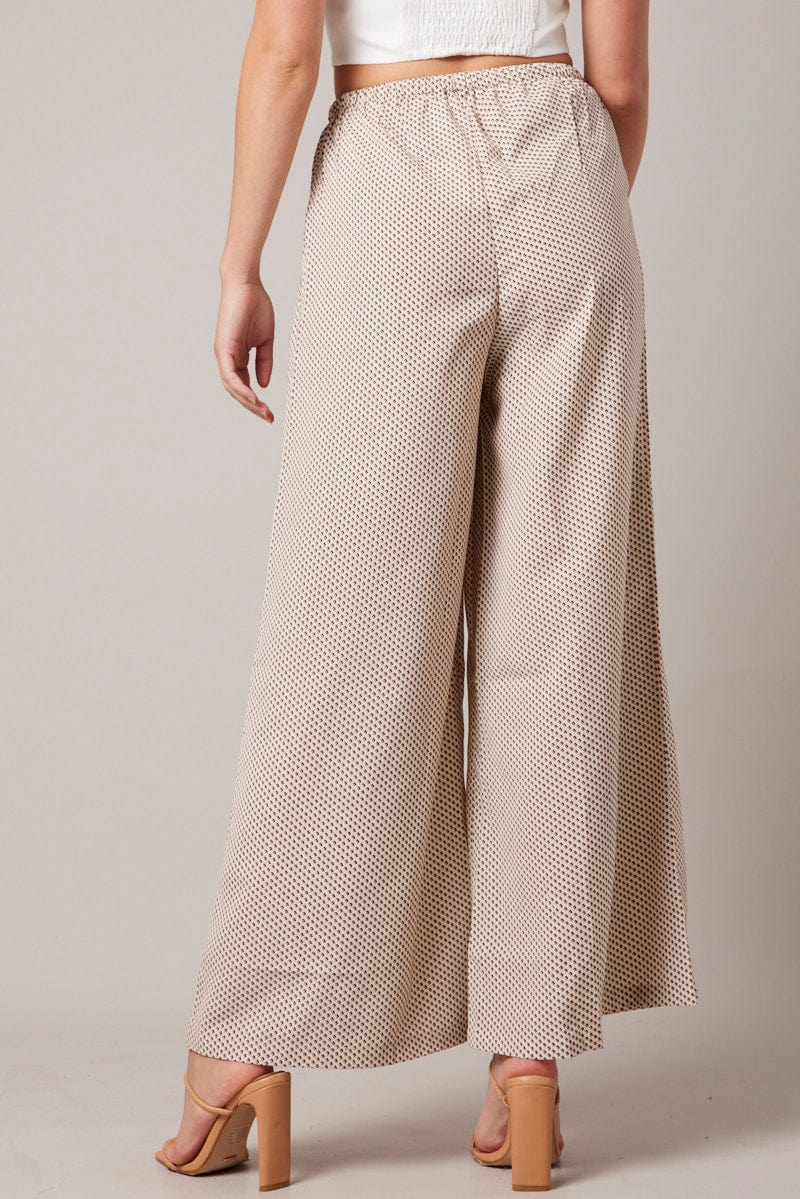 Beige Geo Wide Leg Pants High Rise