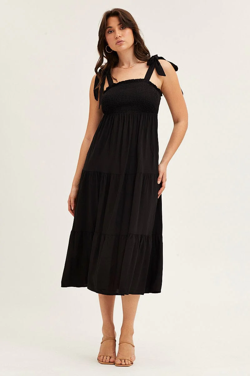 Black Tied Shoulder Tiered Midi Dress