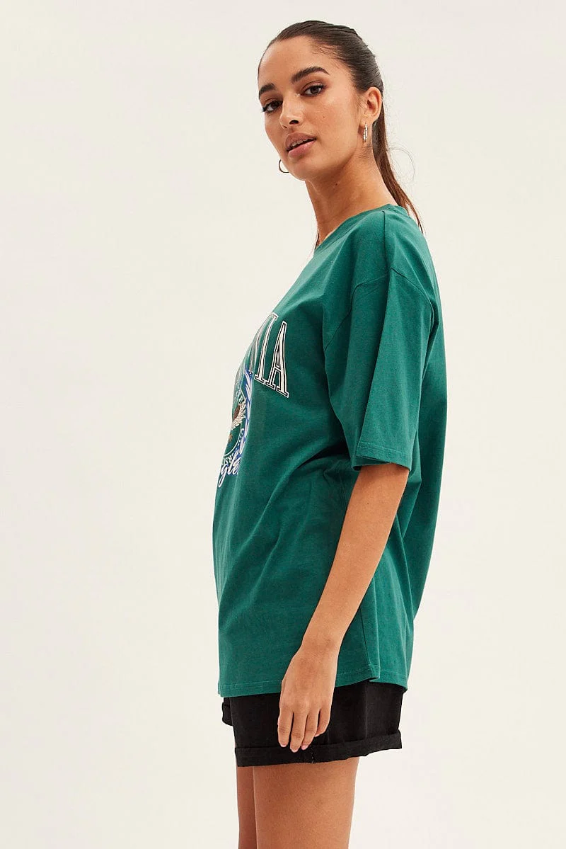 Green T Shirt Short Sleeve Crew Neck California Eagle