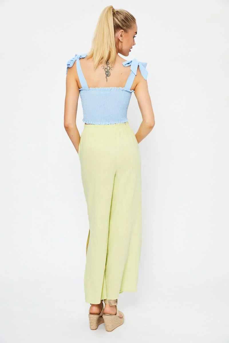 Yellow Linen Blend Elastic Side Slit Wide Leg Pants
