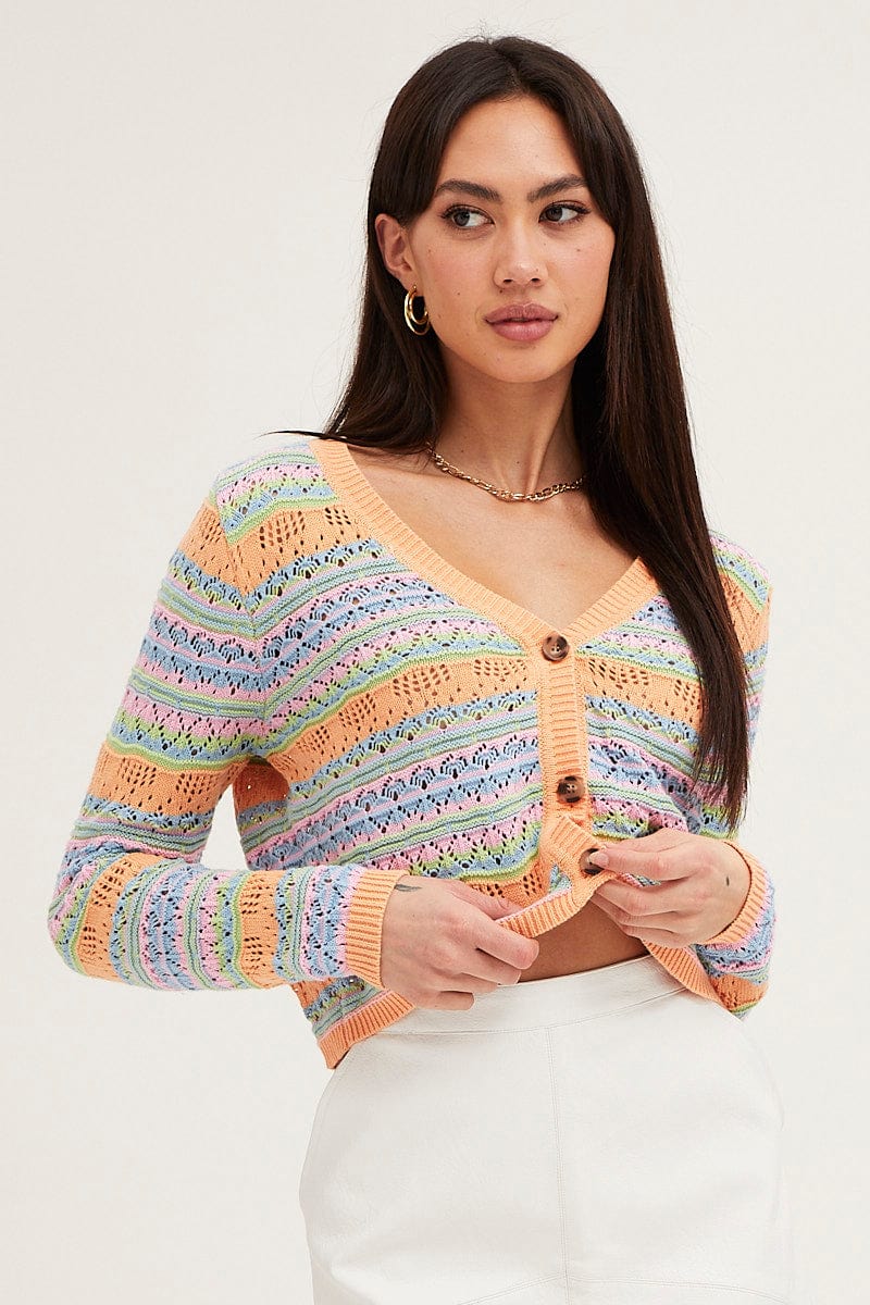 Multi Knit Cardigan Long Sleeve Collared