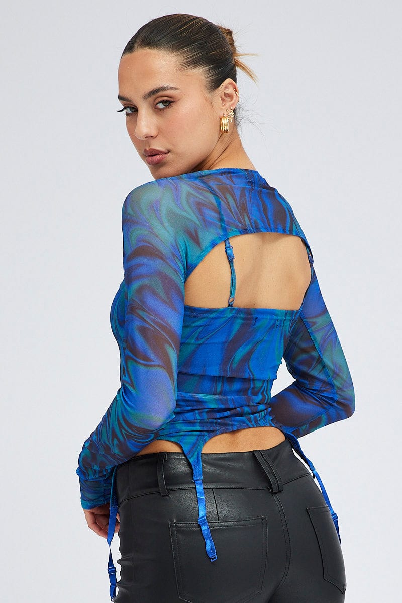 Blue Abstract Garter Corset Shrug Long Sleeve Mesh