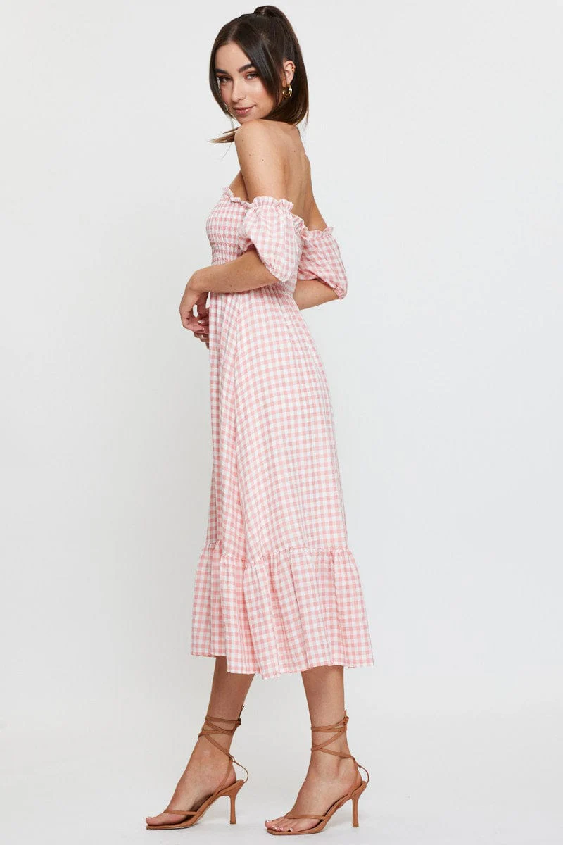 Check Midi Dress Off Shoulder Short Sleeve