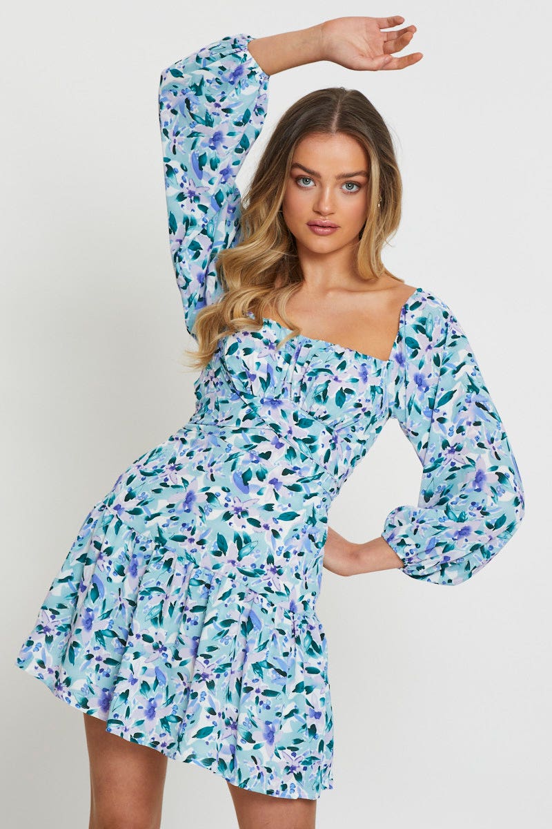 Print Mini Dress Square Neck