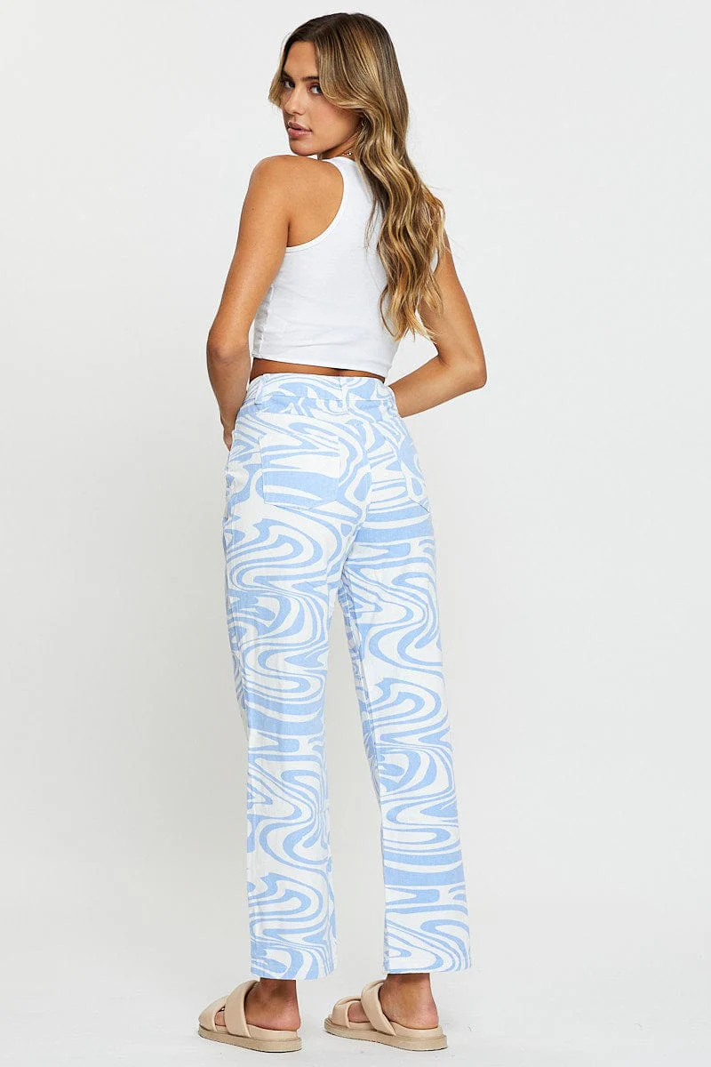 Print Straight Denim Jeans High Rise