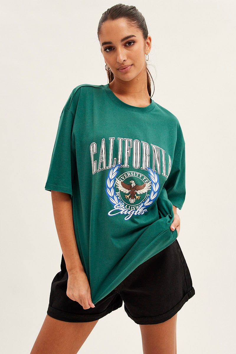 Green T Shirt Short Sleeve Crew Neck California Eagle