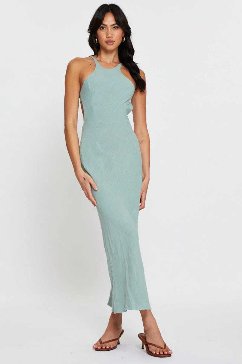 Green Maxi Dress Sleeveless Racer Neck