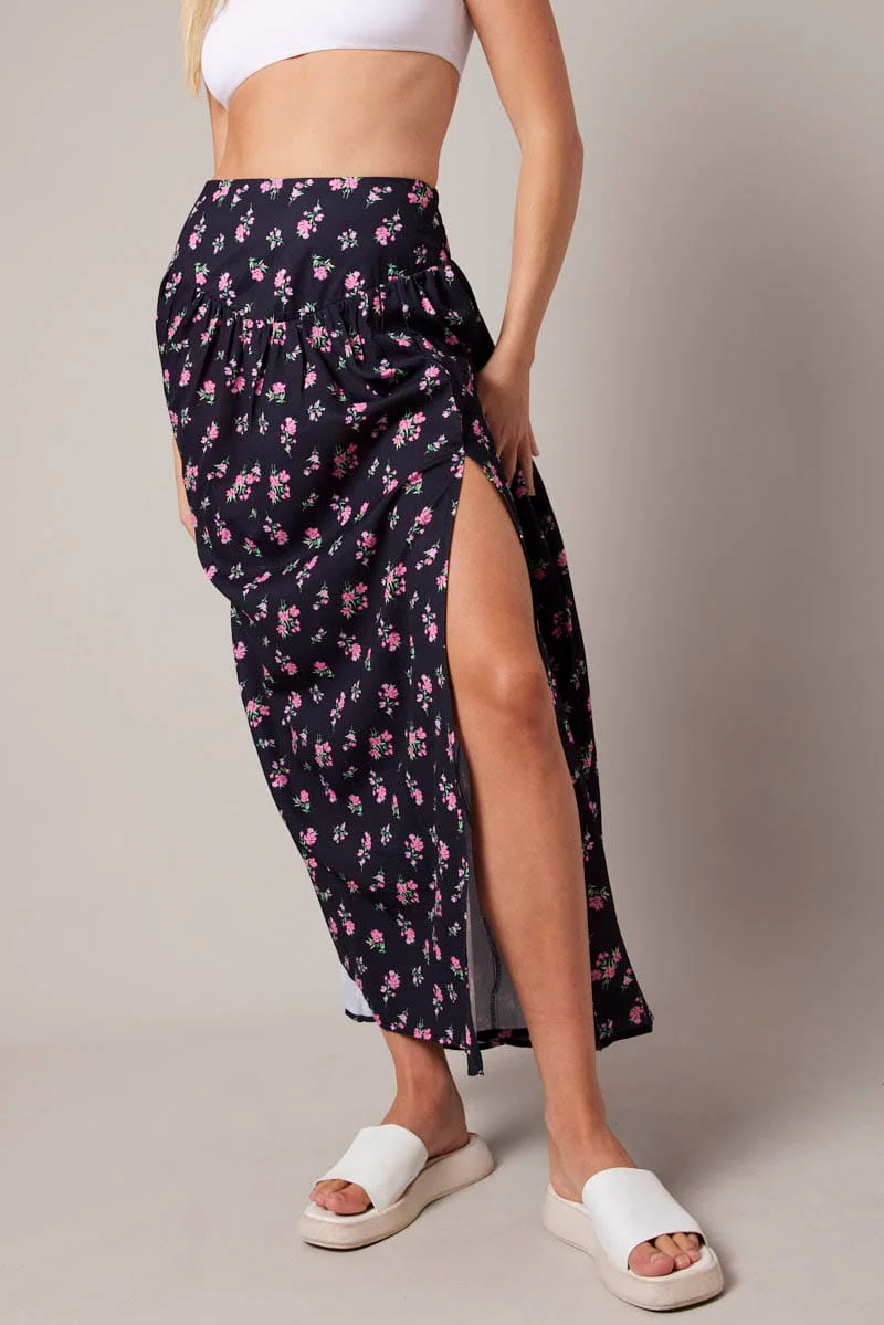 Black Floral Maxi Skirt Bouquet Ditsy Side Split Skirt