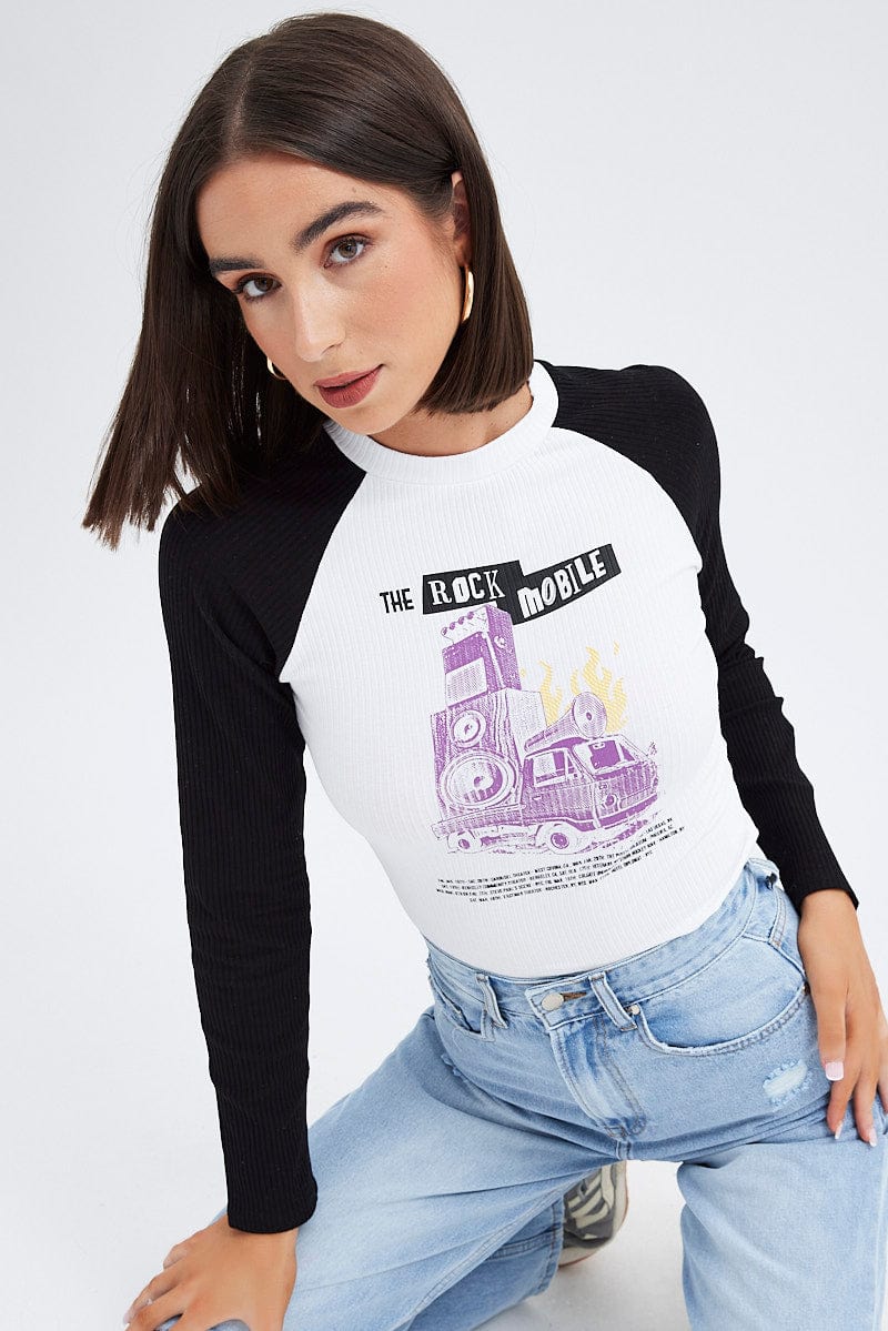 White Top Long Sleeve Crew Neck Longline Rock Graphic