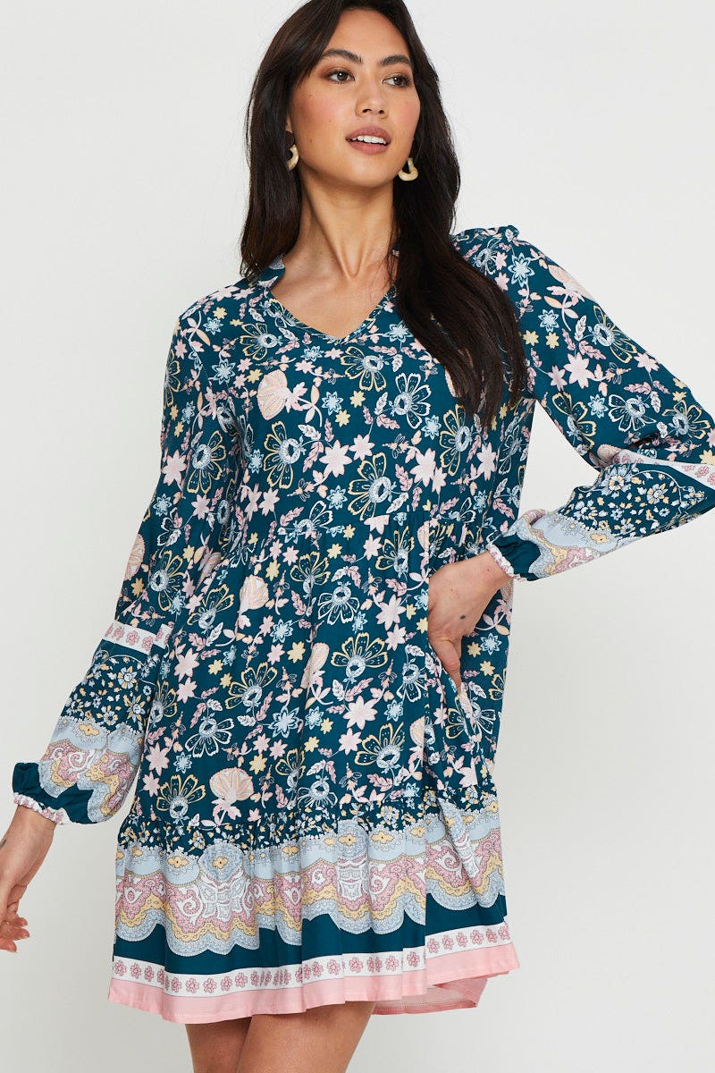 Print Mini Dress Long Sleeve