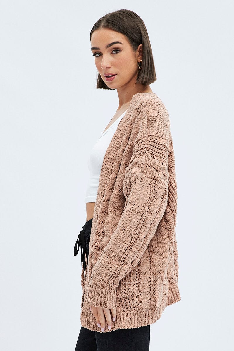 Camel Longline Cable Knit Cardigan